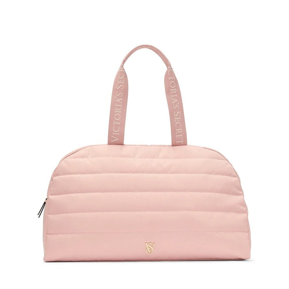Victorias Secret Quilted Duffel Bag Pink Satin Puffer Travel Gym Weekender Logo